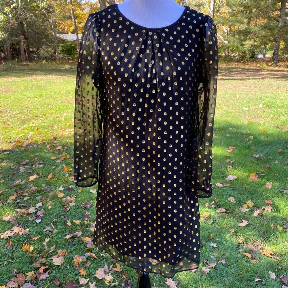 HUNTER DIXON ANTHROPOLOGIE DRESS MINI SHIFT BLACK GOLD METALLIC SILK SIZE 8